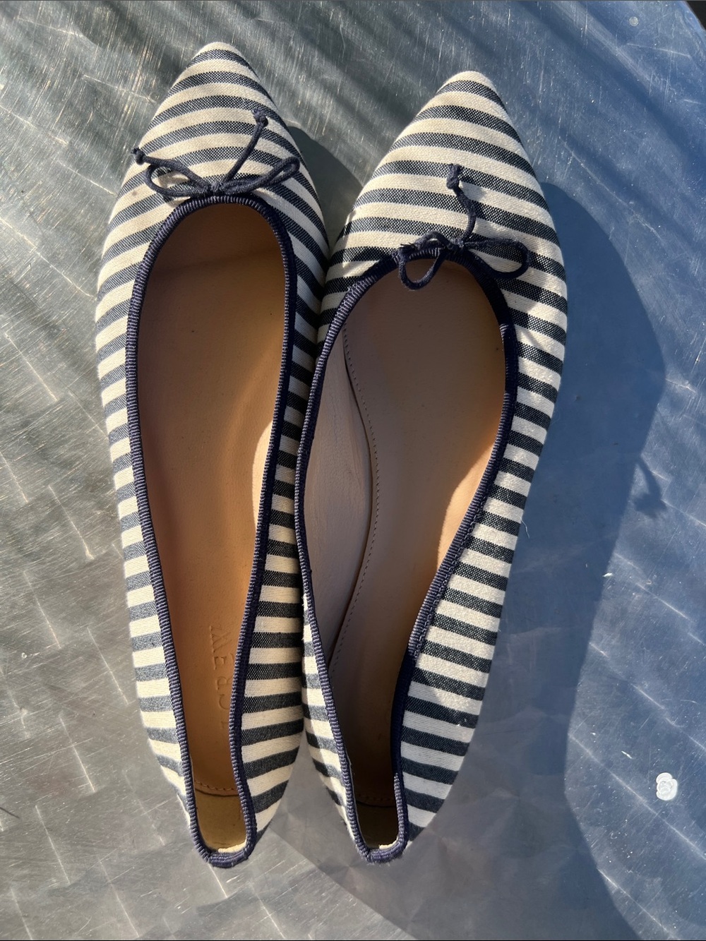 J. Crew Navy and White Striped Pointed Ballet Flats
